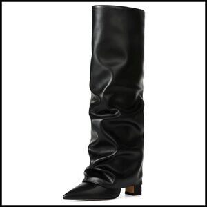 Pointed Toe Knee High Boots Chunky Heel Fold Over Slouchy Y2K Chic